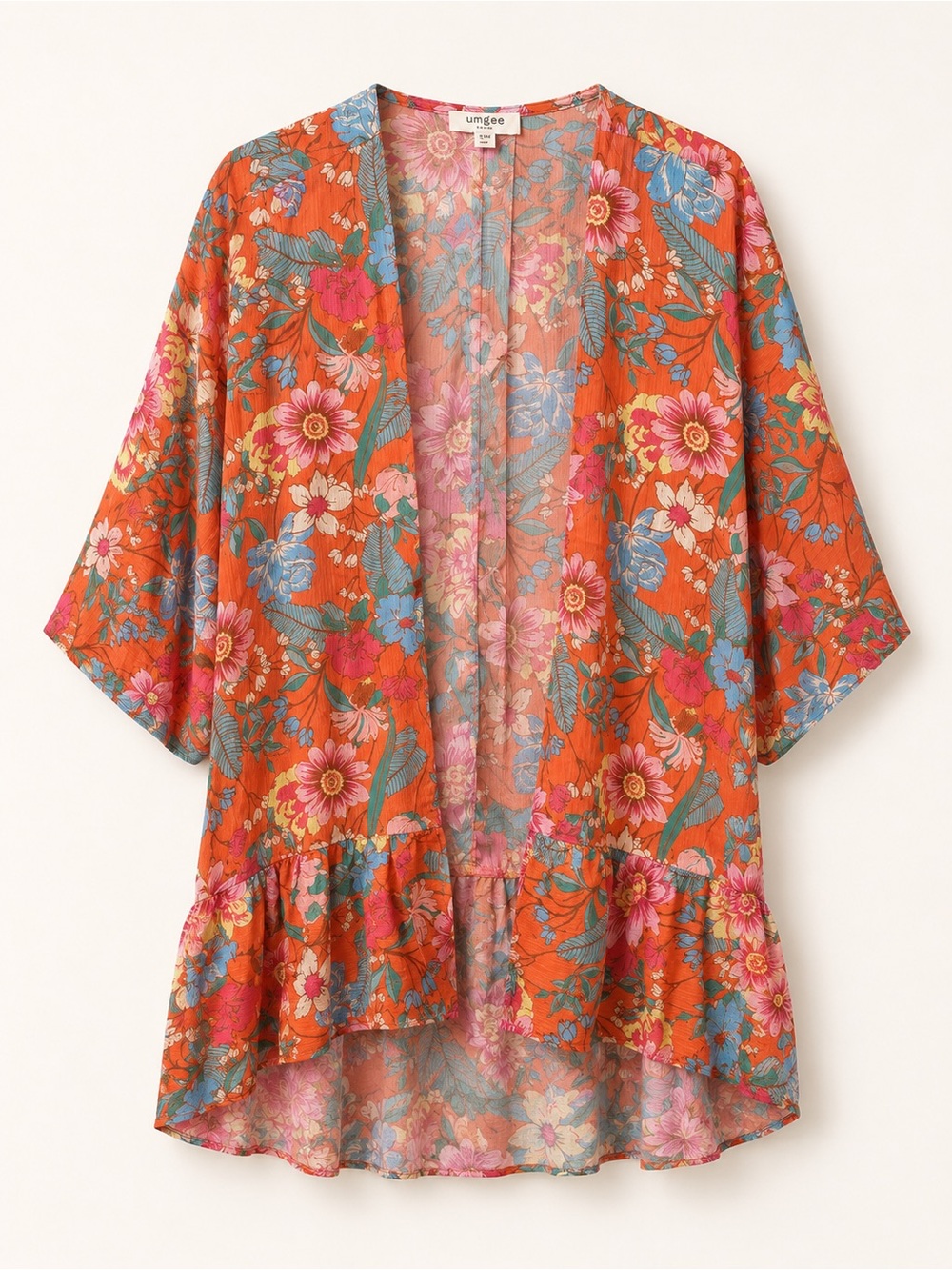 Umgee Orange Floral Ruffle Hem Kimono Boho Cover Up M/L